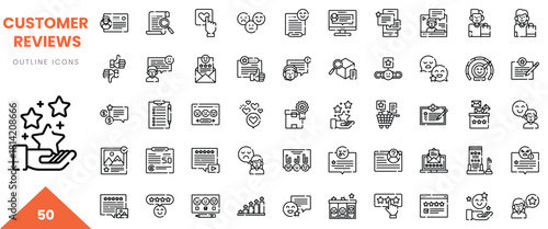 A collection of customer review outline icons, showcasing feedback and ratings symbols.