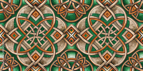 Intricate geometric pattern with green, orange, and beige hues, featuring interwoven designs.