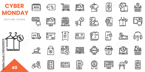 Set of line icons representing Cyber Monday shopping and sales activities.