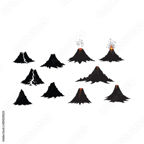 Volcanic mountain silhouettes in Dynamic volcano eruption icons.