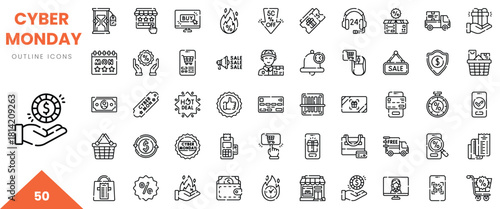 A collection of 50 outline icons representing Cyber Monday sales and promotions.