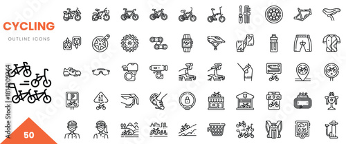 A collection of 50 outline icons representing various cycling elements, including bikes and gear.