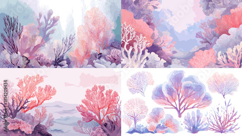 Soft watercolor coral reef landscape in pastel pink and lavender tones featuring gentle ocean plants and underwater scenery. Perfect for marine themed artwork, backgrounds, decor, and creative design.