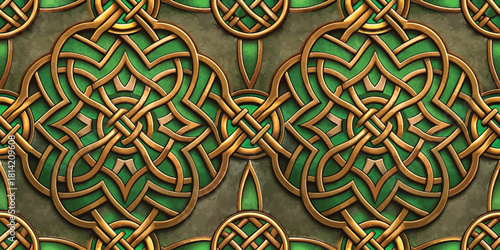 Intricate green and gold Celtic knot pattern reflecting tradition and artistry.
