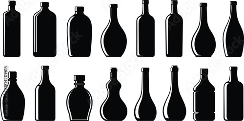 Bottle silhouette icon, black vector bottle, packaging shape graphic, beverage container design, liquor bottle set, branding illustration