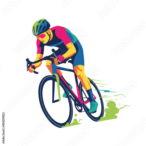 Dynamic cyclist speeding with determination, vibrant colors convey energy, perfect for fitness campaigns, sports advertising, and motivational content, athletic