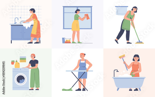 Set of six illustrations depicting people performing various household cleaning tasks