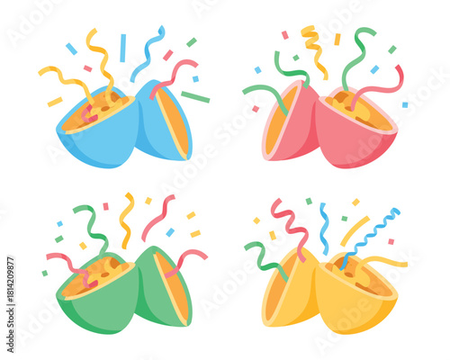 Four colorful party poppers exploding with confetti and streamers