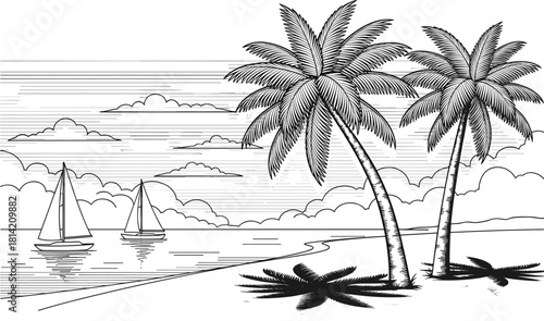 Tropical beach landscape sketch, palm trees and sailboats, black and white line art, summer vacation background, vector illustration.