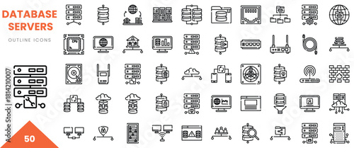 A collection of 50 outlined icons depicting database servers and related technology elements.