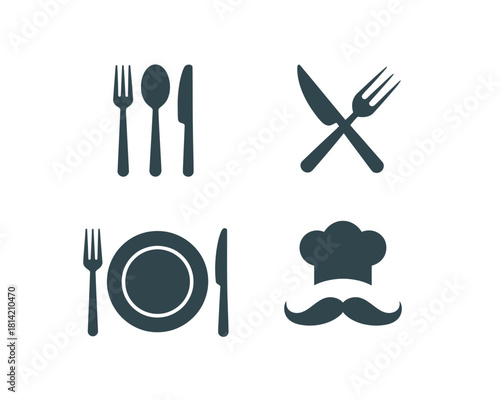 Set of four restaurant and food service icons including cutlery and chef hat