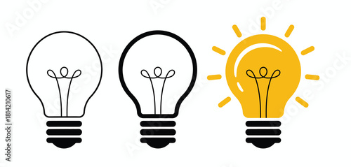 Three light bulbs in a row showing progression from idea to innovation