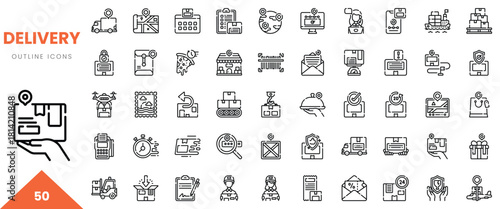 A collection of 50 outline icons representing delivery concepts and services.