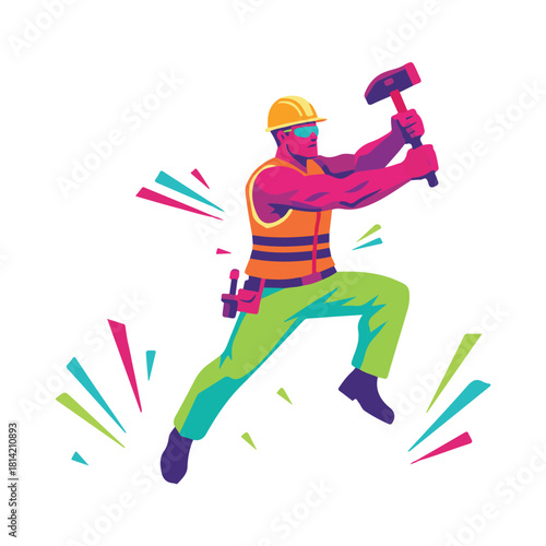 Dynamic construction worker swinging sledgehammer with power and precision, vibrant modern design for construction, labor, and infrastructure projects needs now
