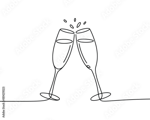 Minimalist continuous line drawing of two champagne glasses clinking together