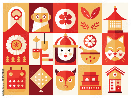 Japanese New Year postcard, traditional elements, modern simple style, bright red and gold harmony