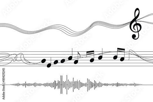 Abstract musical notation and sound wave graphic on white background