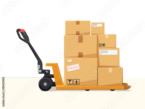 Yellow pallet jack carrying a stack of cardboard boxes