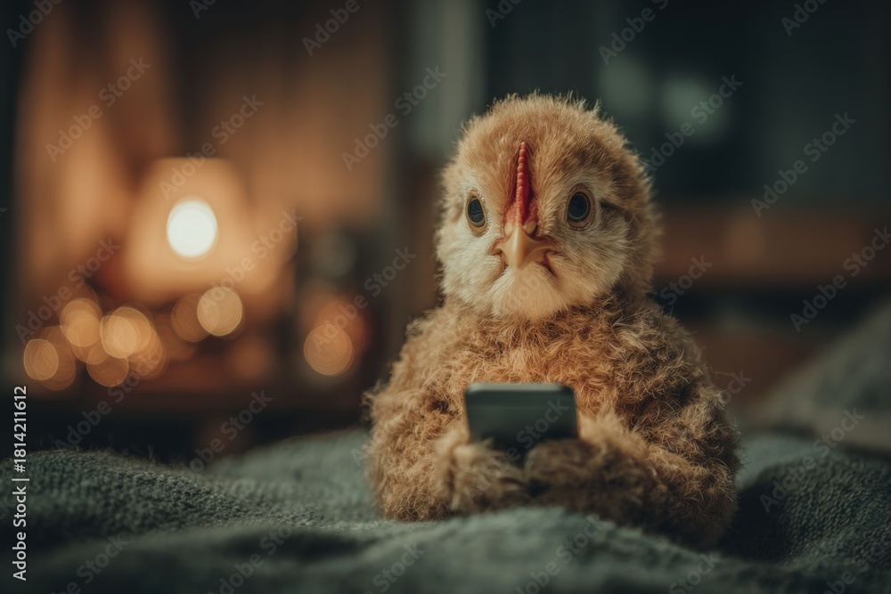 Fototapeta premium Charming chicken with smartphone: a morning surprise!. Crypto ga