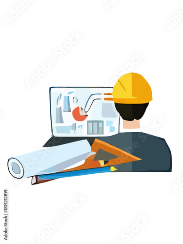 Architectural plan on laptop with hard hat and drafting tools, professional engineering and construction concept