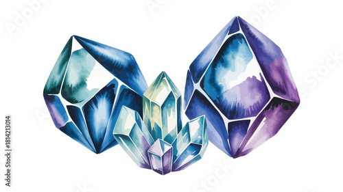 Vibrant watercolor painting of three sparkling gemstone crystals