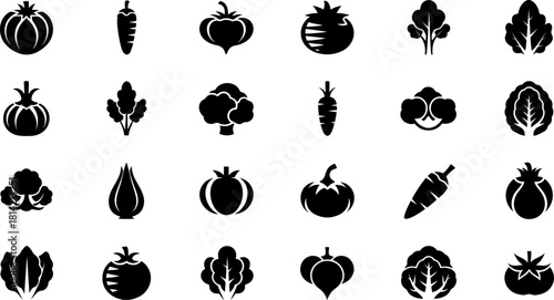 Black silhouette vegetable icons set for food and nutrition designs Vector