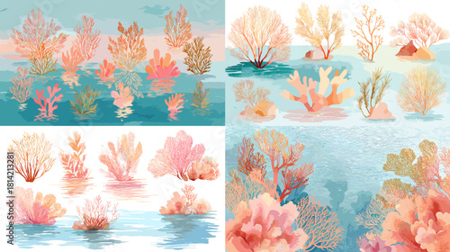 Soft watercolor coral reef landscape with warm aqua water, pink corals, and natural ocean plants. Perfect for coastal themed artwork, backgrounds, invitations, and decorative design projects.