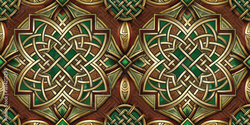 Intricate gold and green Celtic-inspired pattern on a rich brown background.