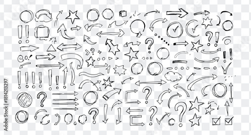 Collection of hand drawn sketch arrows, circles, stars, question marks, and exclamation marks doodle elements on transparent background