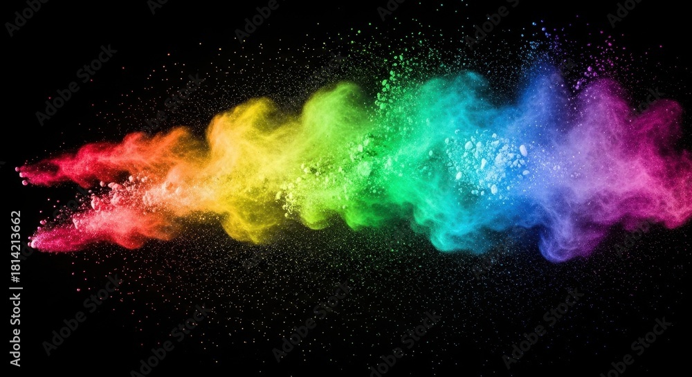 Obraz premium Dynamic Rainbow Color Powder Cloud Exploding Horizontally on Black Background.
