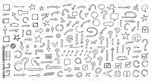 Hand drawn doodle arrow set collection with various shapes, symbols, question mark, star, and checkmark