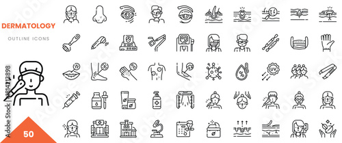 Outline icons depicting various dermatology treatments and tools, ideal for healthcare design.