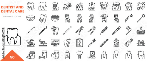 Collection of dental care and dentist icons including tools and procedures in a minimalist style.