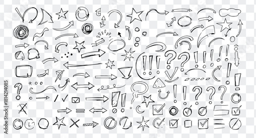 Collection of hand drawn sketch arrows, symbols, stars, question mark, exclamation mark, check mark, and doodle element set