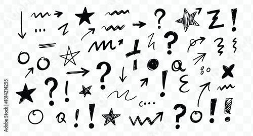 Collection of hand drawn doodle symbols including arrows, question marks, exclamation point, star, and abstract mark