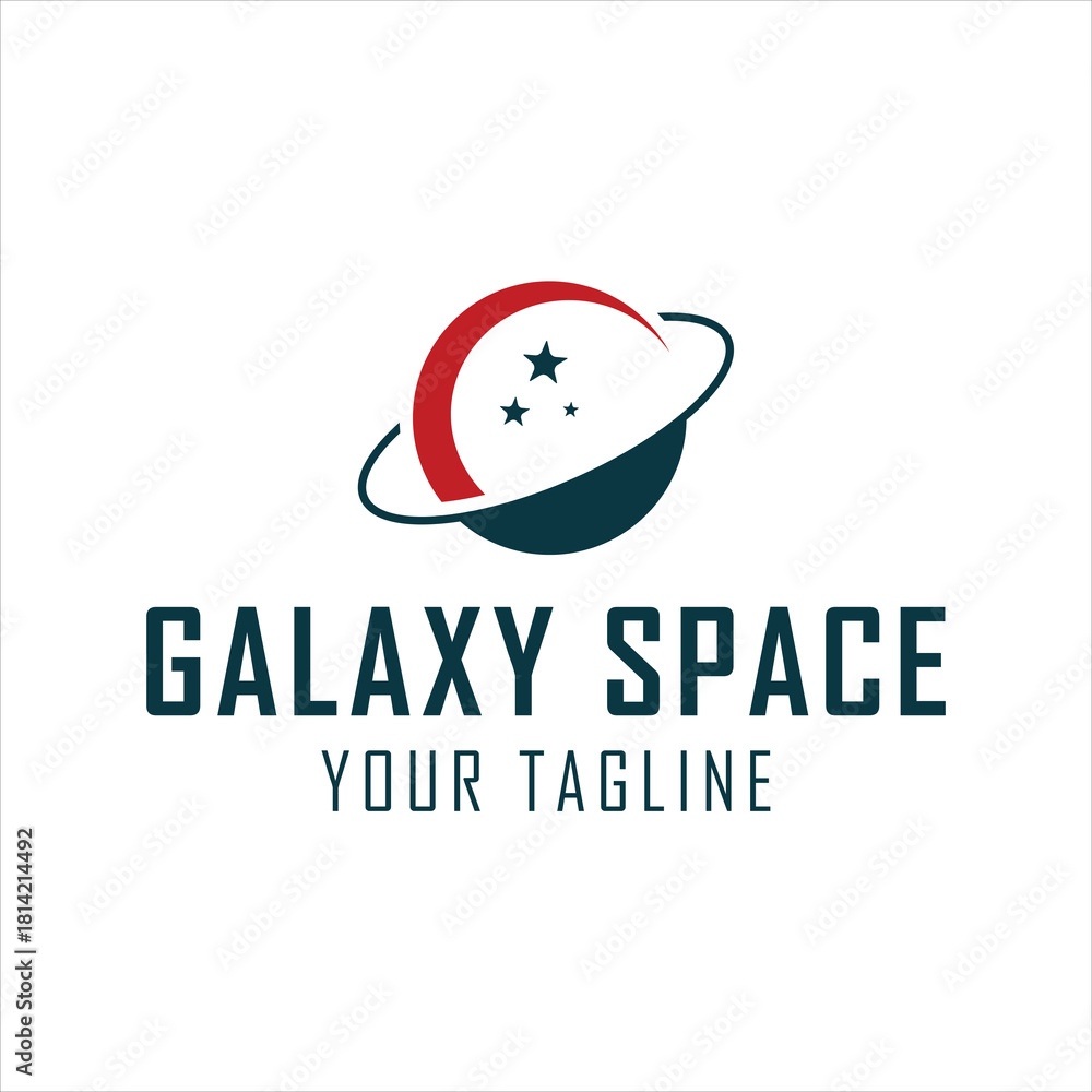 Obraz premium Planet With Ring And Stars Logo. Symbol Of Space, Astronomy, Global, And Technology