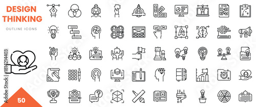 Collection of design thinking outline icons showcasing creativity and innovation.