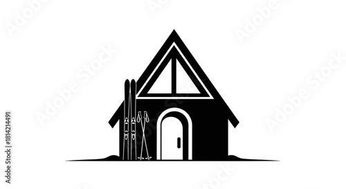 Skis near a mountain cafe on a transparent background