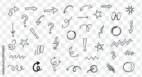 Collection of hand drawn doodle arrows, symbols, shapes, stars, question mark, exclamation mark, and squiggle elements