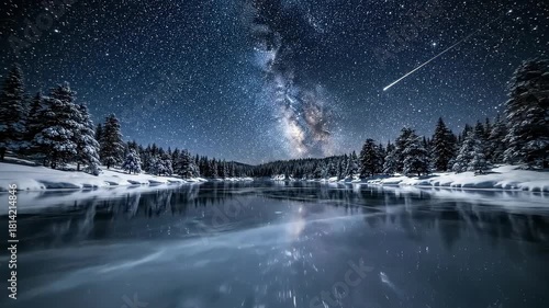 Winter Nightscape: Milky Way Over Frozen Lake