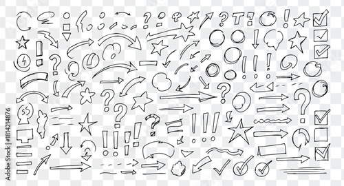 Collection of hand drawn sketch doodle elements like arrows, question mark, exclamation mark, star, circle and check mark
