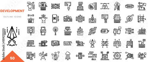 A collection of development-themed outline icons, showcasing technology and innovation.