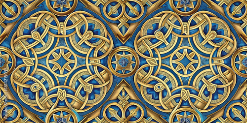 Intricate golden Celtic knot design on a vibrant blue background, showcasing artistry and symmetry.