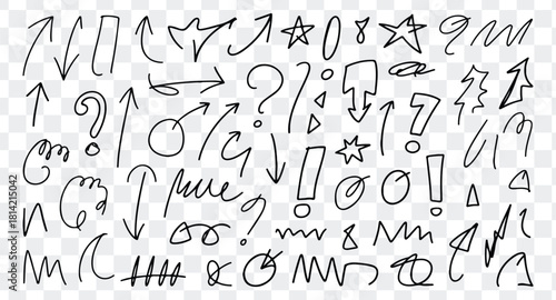 Collection of hand drawn black doodle arrows, symbols, signs, and abstract shapes on a transparent background