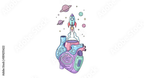 Futuristic Heart Launching Rocket, Space Travel, Innovation Technology Concept