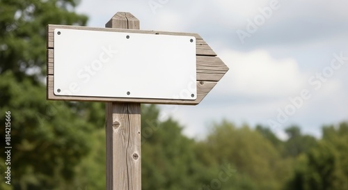 Rustic wooden signpost with blank white sign in nature