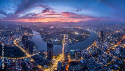Fototapeta Naklejka Na Ścianę i Meble -  Aerial view of finance center in Ho Chi Minh city (Sai Gon), Vietnam. Urban southeast asia background