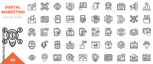 A collection of digital marketing outline icons featuring diverse concepts and tools.