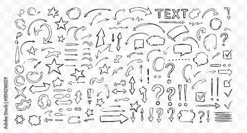 Collection of hand drawn doodle arrows, stars, question mark, exclamation mark, and speech bubble icons on transparent background