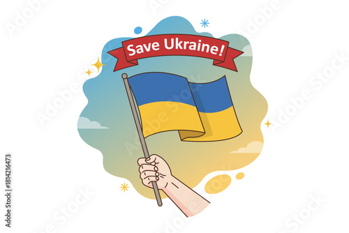 Hand holding Ukrainian flag. Save Ukraine. Symbol of peace, support, and solidarity. No war. Vector illustration